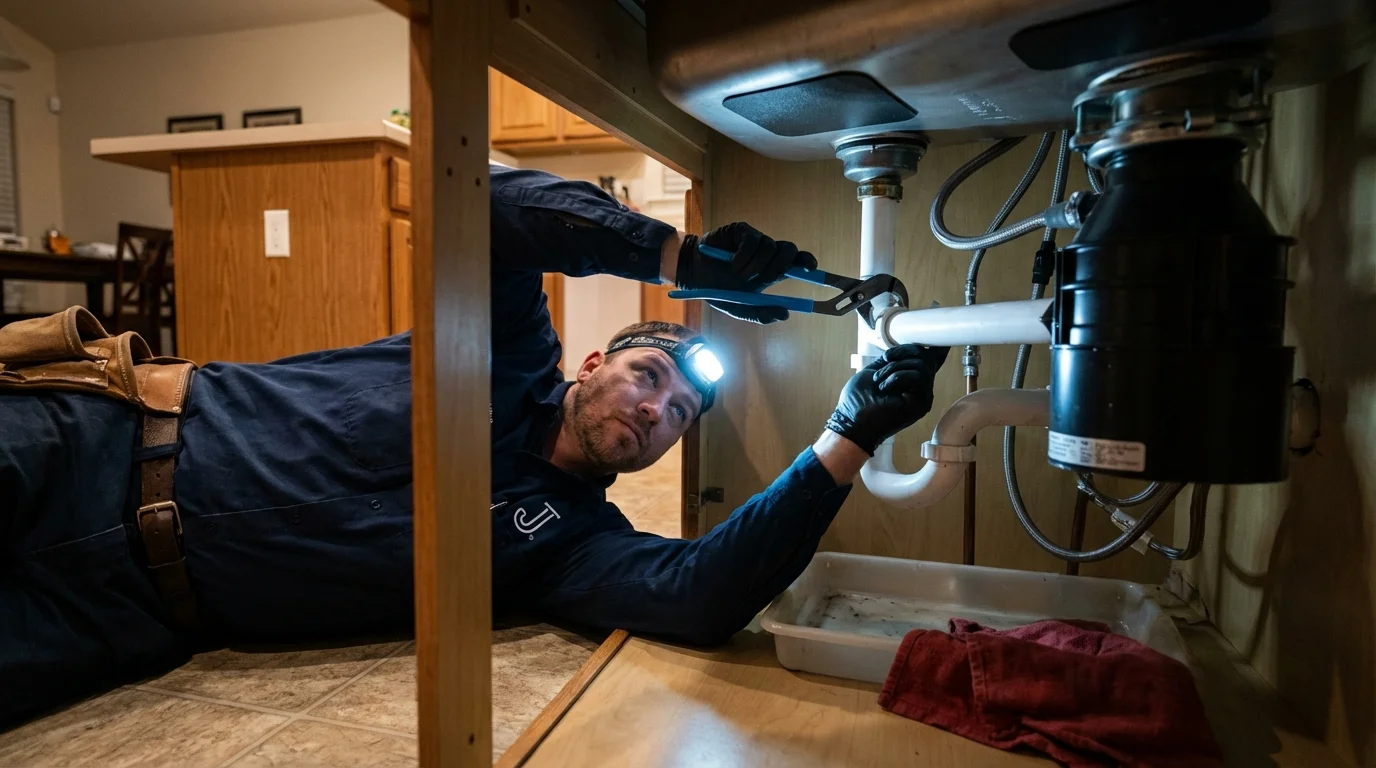 P-trap and supply line connections under a kitchen sink showing a common leak point in Kamiah, ID